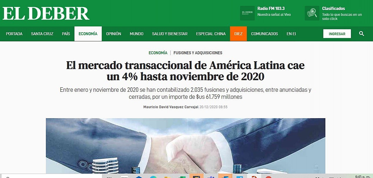 El mercado transaccional de Amrica Latina cae un 4% hasta noviembre de 2020